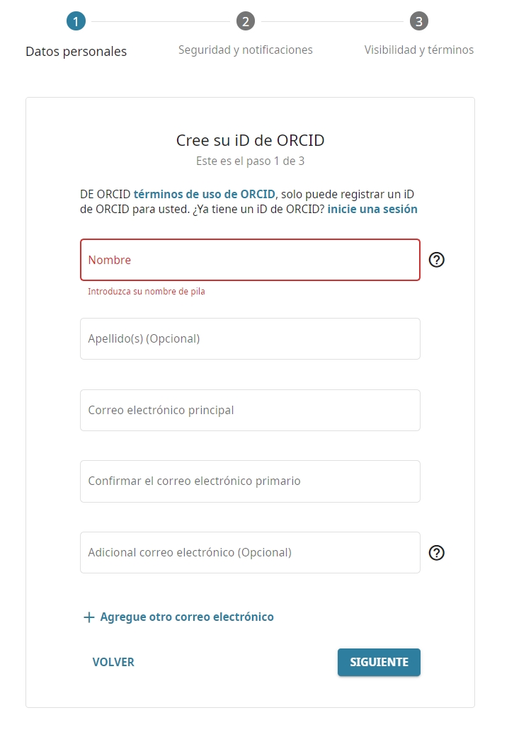                 Formulario de registro de Orcid            